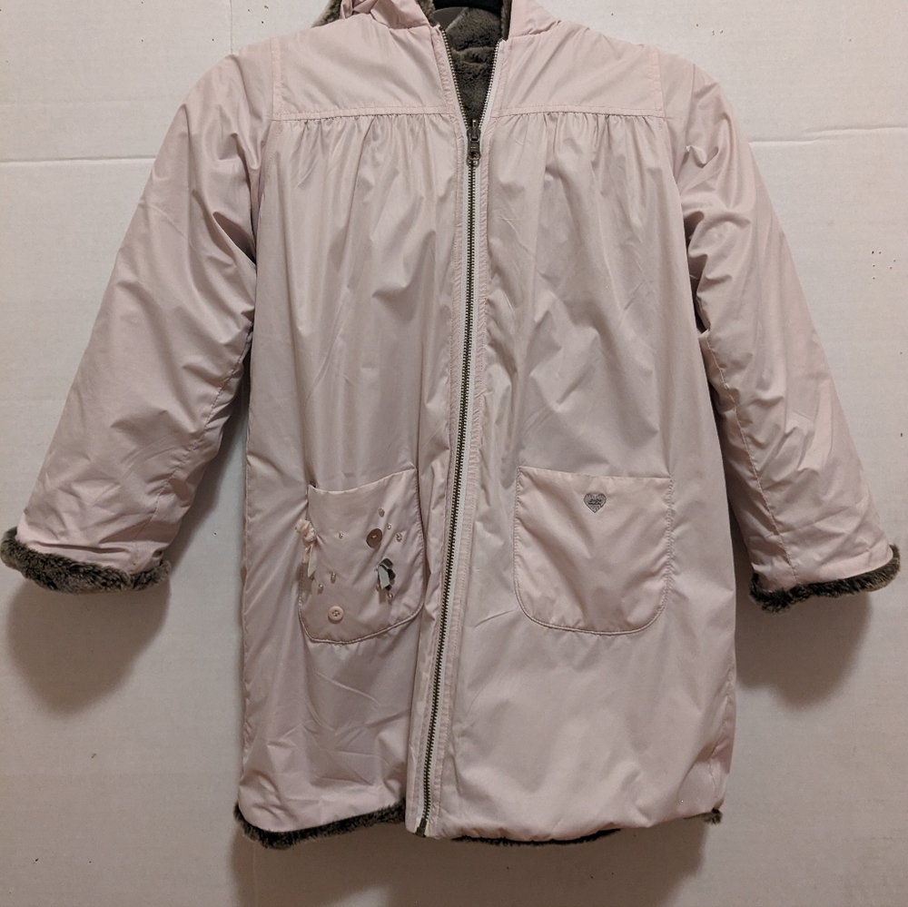 Lili Gaufrette girls reversible pink/grey furry winter coat, zip, hood,pockets,
